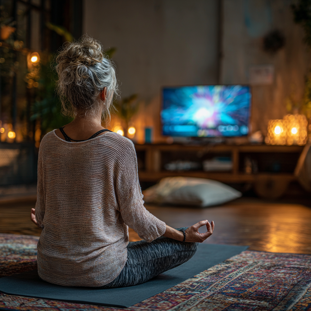 Жінка 52 років займається йогою вдома перед екраном комп'ютера, слідуючи онлайн-уроку zamkernish