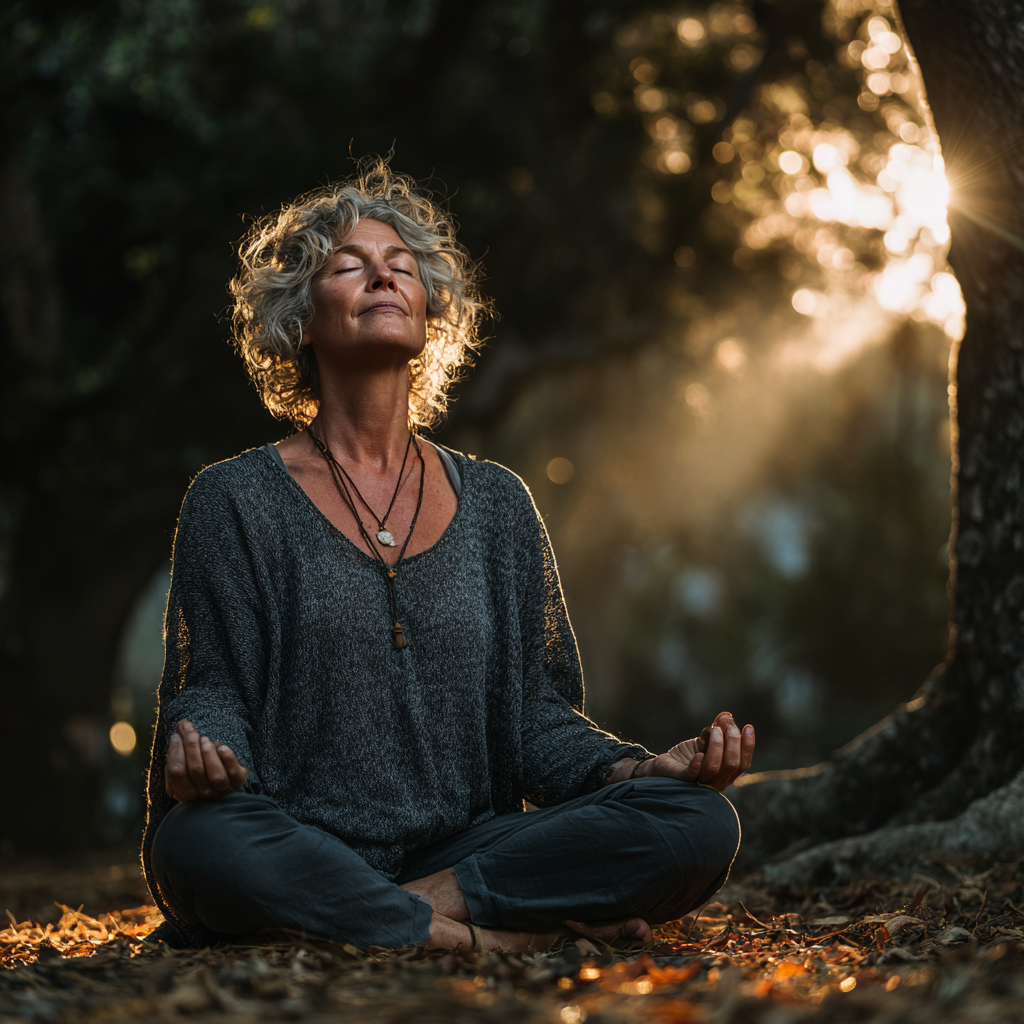 Жінка 55 років практикує йогу на природі серед дерев, відчуваючи глибоку гармонію з навколишнім світом