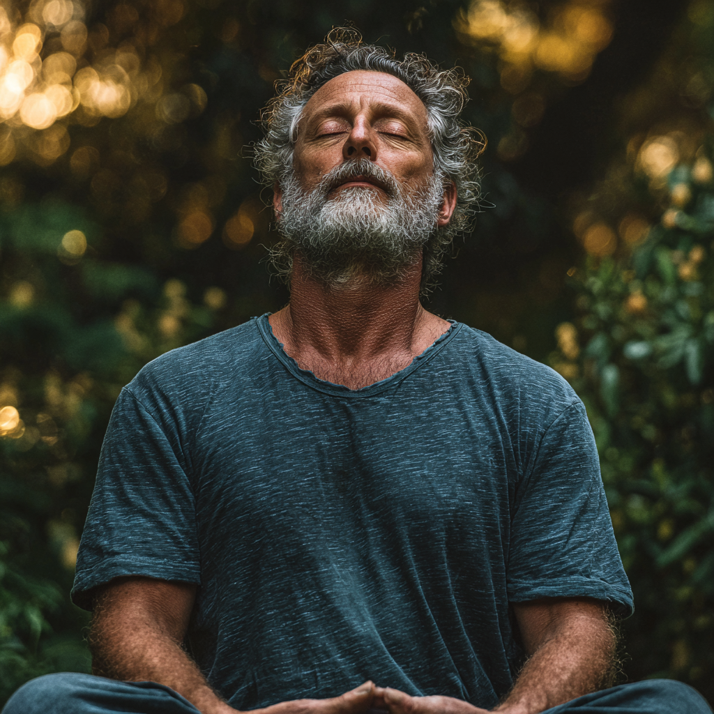 Чоловік 56 років виконує дихальну практику пранаяму сидячи у тихому куточку природи, відчуваючи глибоке заспокоєння