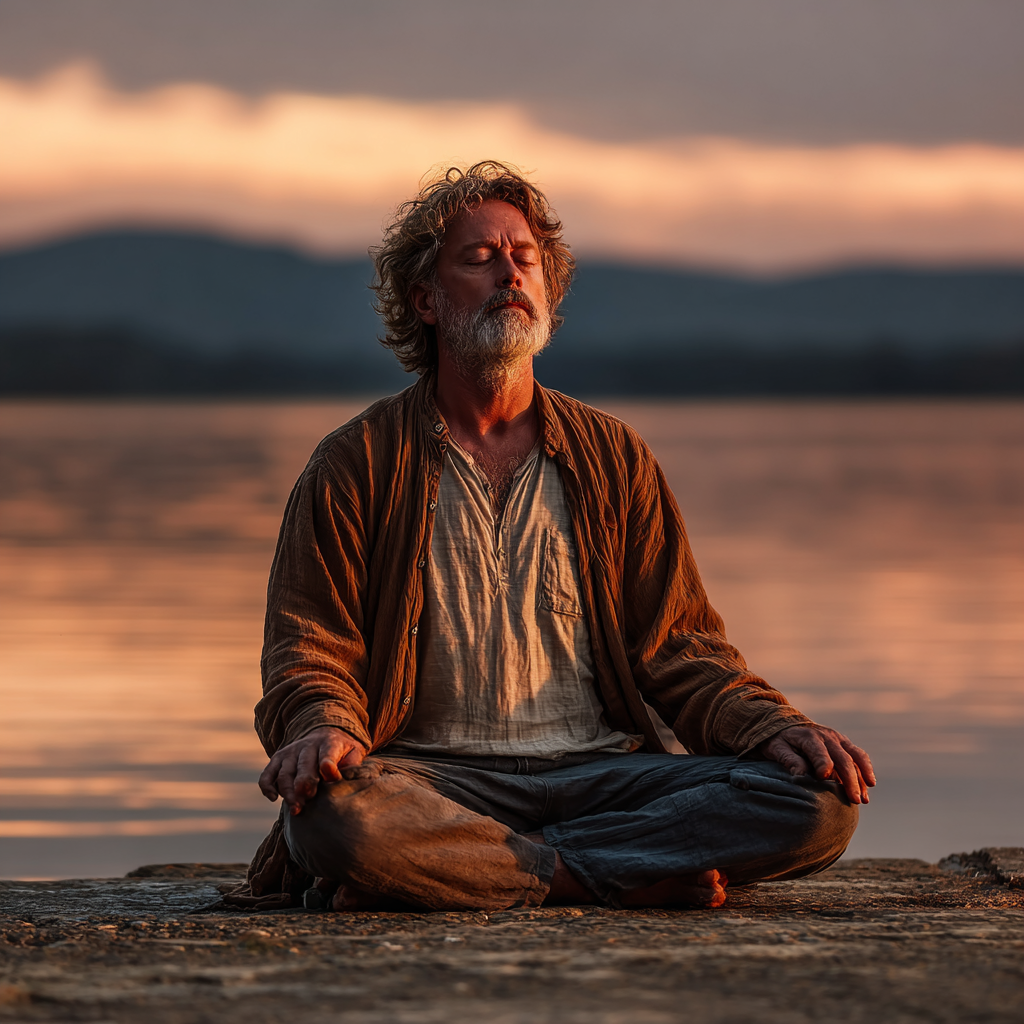 Чоловік 58 років медитує у позі лотоса біля озера на світанку, відчуваючи єдність з природою